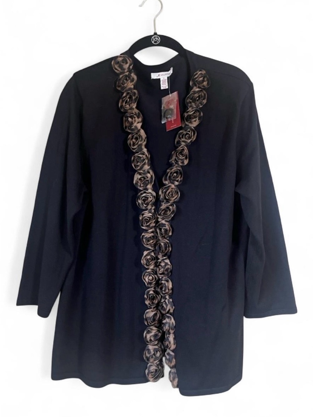 JM Collection Sz XL Black Cardigan with Brown Rose Trim 1 Button Closure